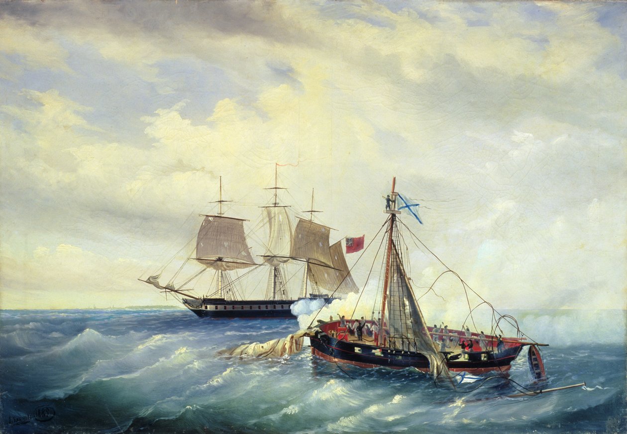 Batalha entre o navio russo Opyt e uma fragata britânica, na costa da ilha de Nargen, 11 de junho de 1808, 1889 de Leonid Demyanovich Blinov