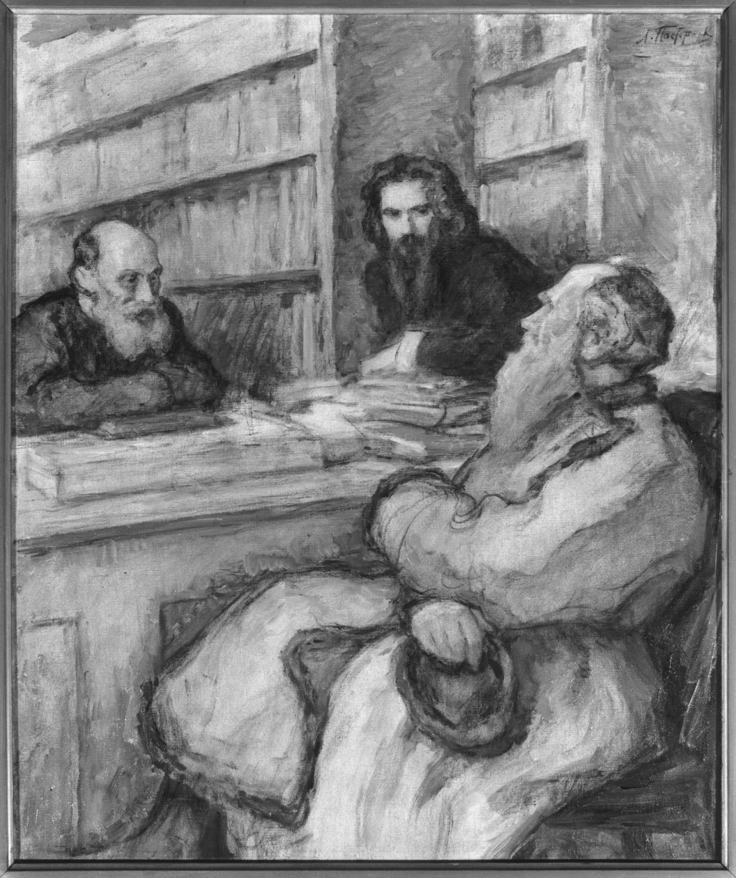 Leo Tolstoy com Nicolas Fedorov e Vladimir Solovyov, filantropos russos de Leonid Osipovic Pasternak