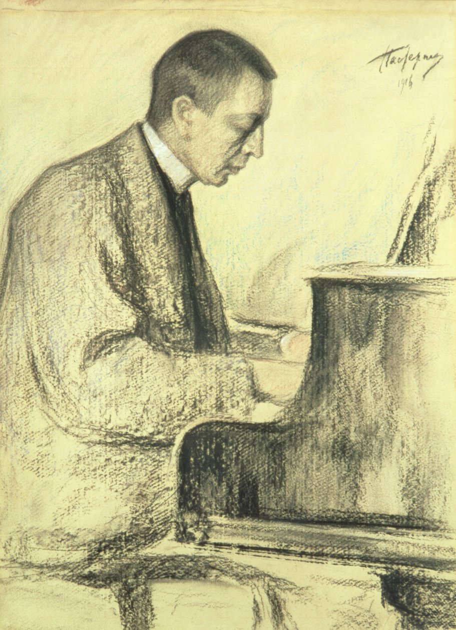 Retrato de Sergei Vasilievich Rachmaninov (1873-1943) no Piano, 1916 (pastel sobre papel) de Leonid Osipovic Pasternak