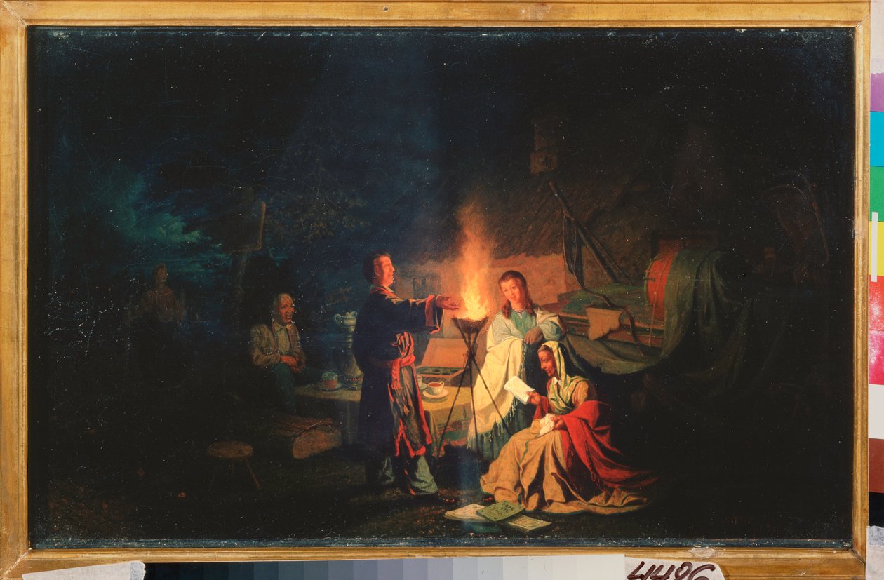 Comediantes descansando. (Os atores ensaiam suas falas ao anoitecer, ao redor de uma tocha, no pátio de uma casa de campo. Perto deles, uma mesa com samovar e xícaras, além de equipamentos de palco sob lonas). Pintura de Leonid de Leonid Ivanovich Solomatkin