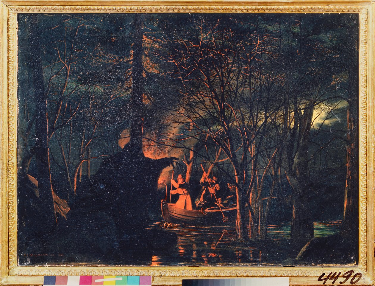 Pesca nocturna com arpão. Pintura por Leonid Ivanovich Solomatkin (1837-1883), óleo sobre tela de Leonid Ivanovich Solomatkin