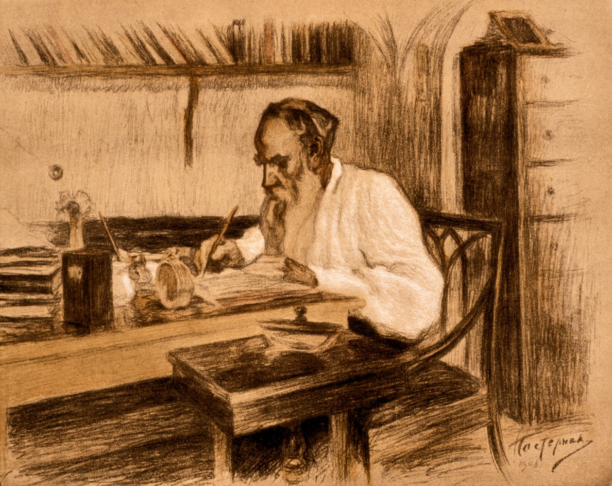 O Conde Lev Tolstoi no seu escritório. 1908 (litografia) de Leonid Osipovic Pasternak