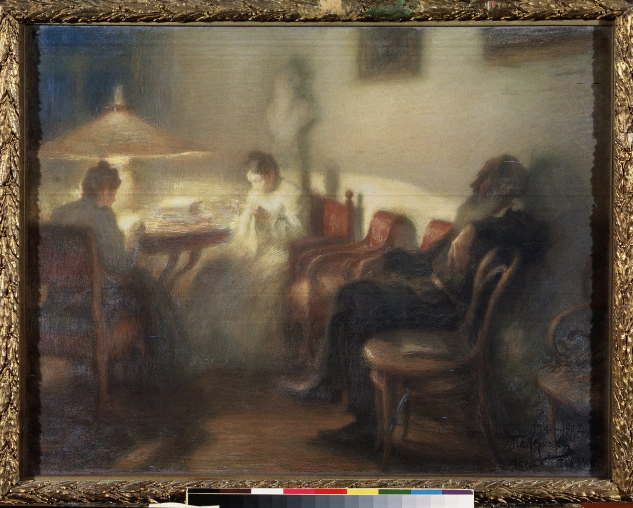 O escritor Leon Tolstoy (1828-1910) com sua família em Yasnaya Polyana (O autor Leo Tolstoy com sua família em Yasnaya Polyana). Obra de Leonid Osipovich Pasternak (1862-1945), pastel sobre papel de Leonid Osipovic Pasternak