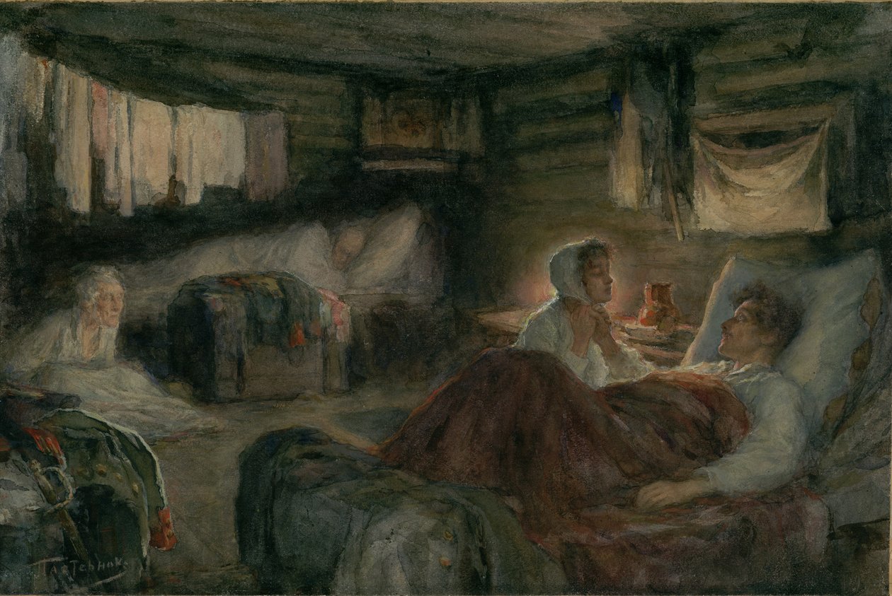 Natasha e o príncipe ferido Andrei em Mytishchi. Ilustração para o romance Guerra e Paz, 1893. de Leonid Osipovich Pasternak