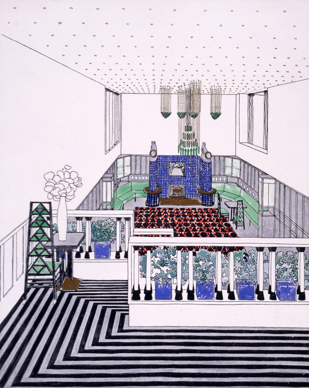 Grande sala de recepção com varandas em estilo de secessão de Viena, início dos anos 1900 de Leopold Bauer