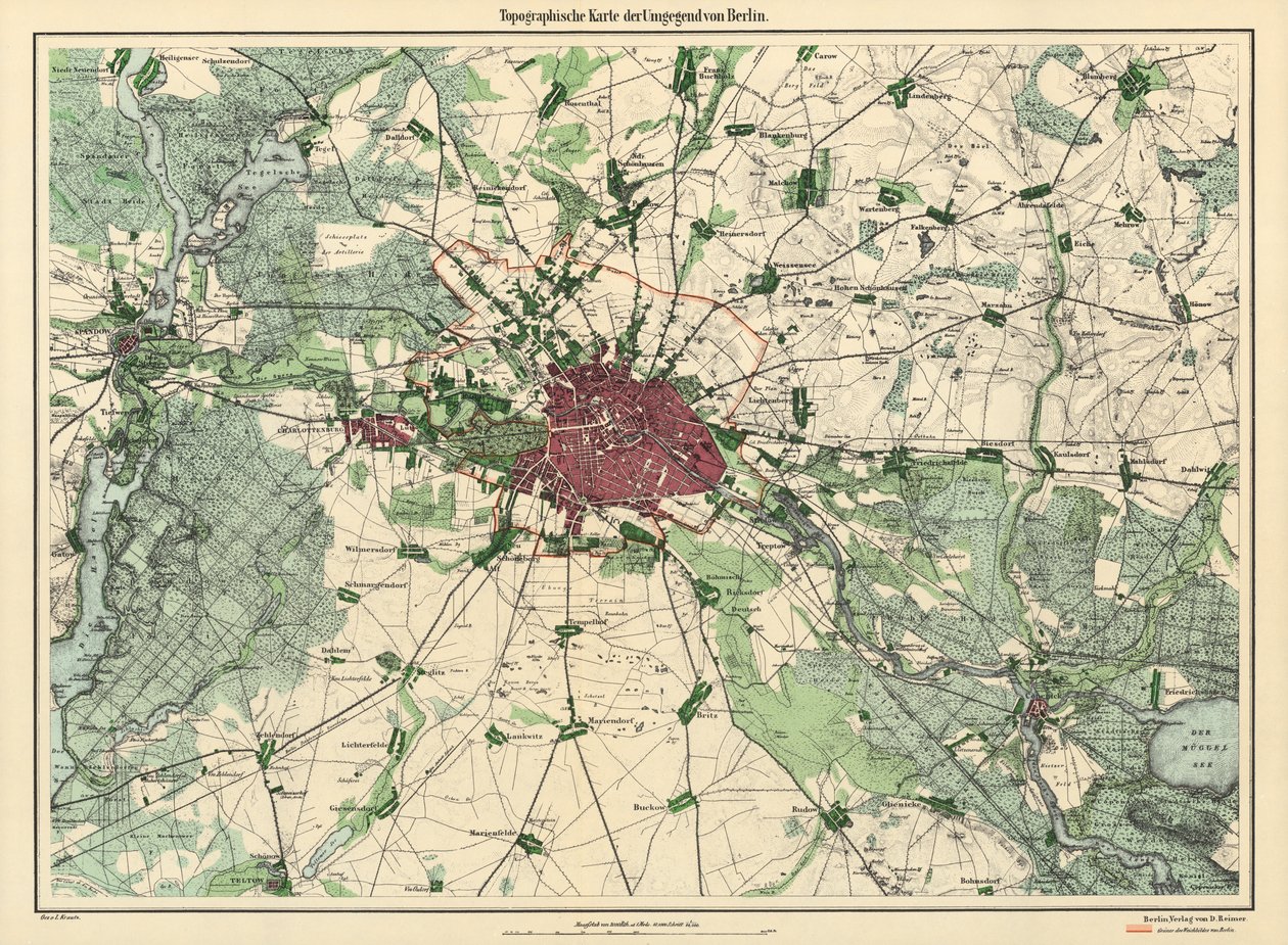 Mapa de Berlim, publicado por D. Reimer Verlag, Berlim, 1871 (cor gravura) de Leopold Kraatz
