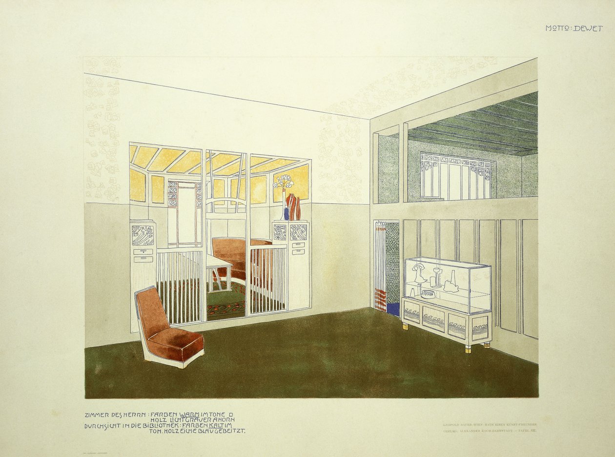 Sala e biblioteca dos cavalheiros, c.1901 (litografia colorida) de Leopold (after) Bauer