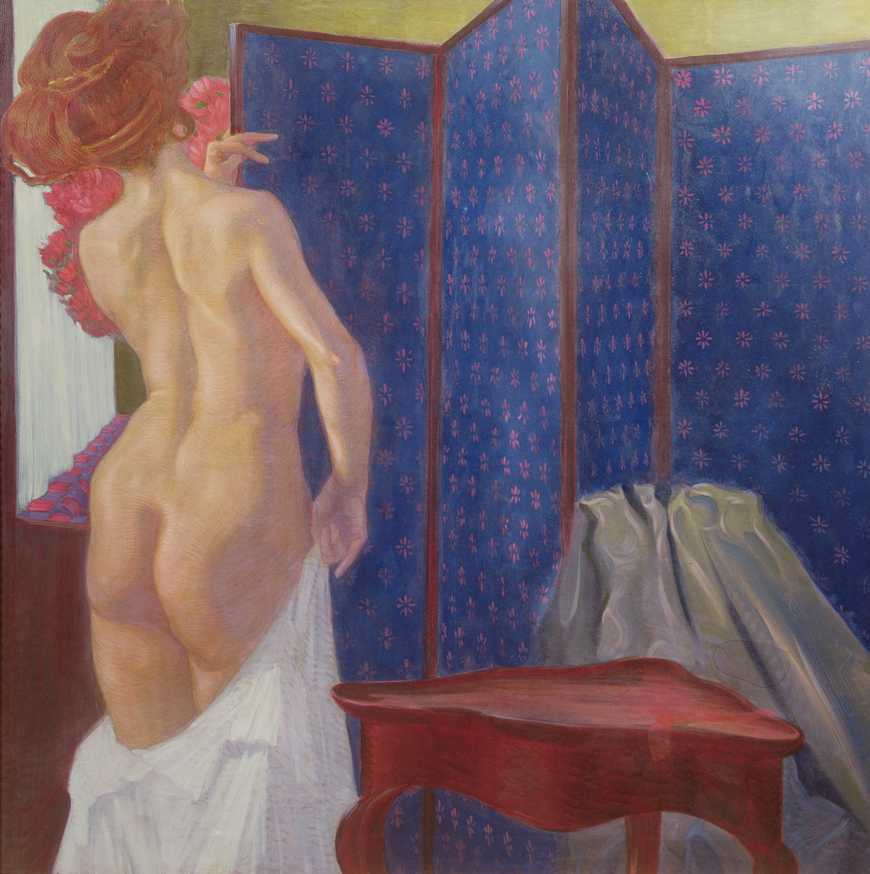 Nu feminino por uma tela de Leopold Blauensteiner