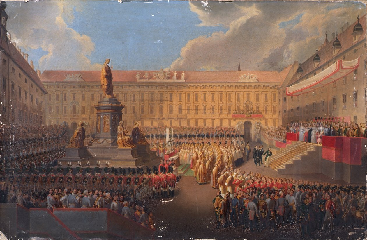 Inauguração do monumento ao imperador Franz I da Áustria em 19 de junho de 1846 na Franzensplatz de Viena de Leopold Bucher