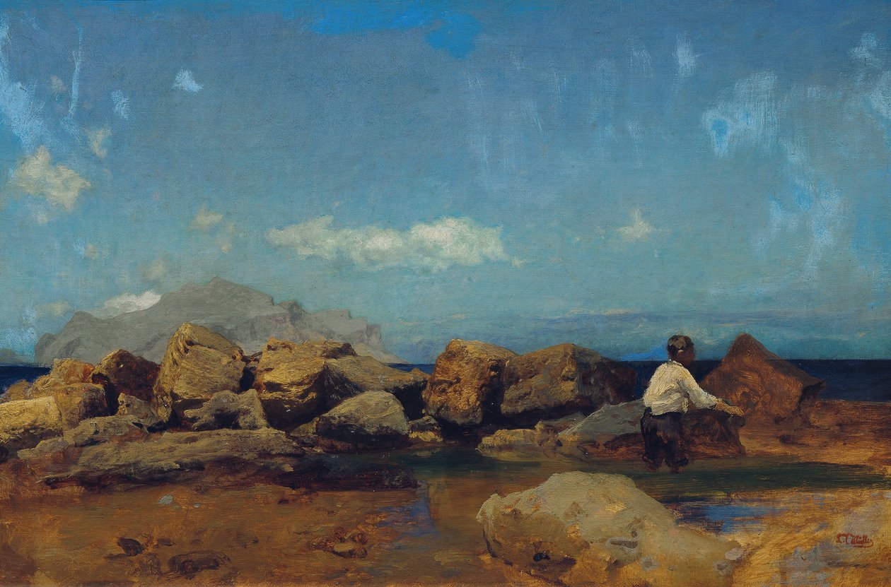 Costa marítima com Monte Pellegrino perto de Palermo de Leopold Carl Muller
