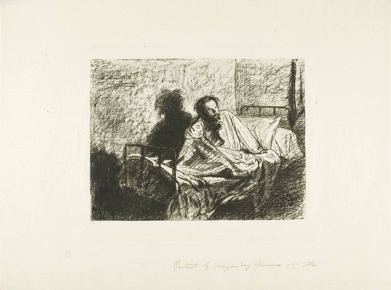 Retrato de Charles Meryon sentado na cama de Leopold Flameng