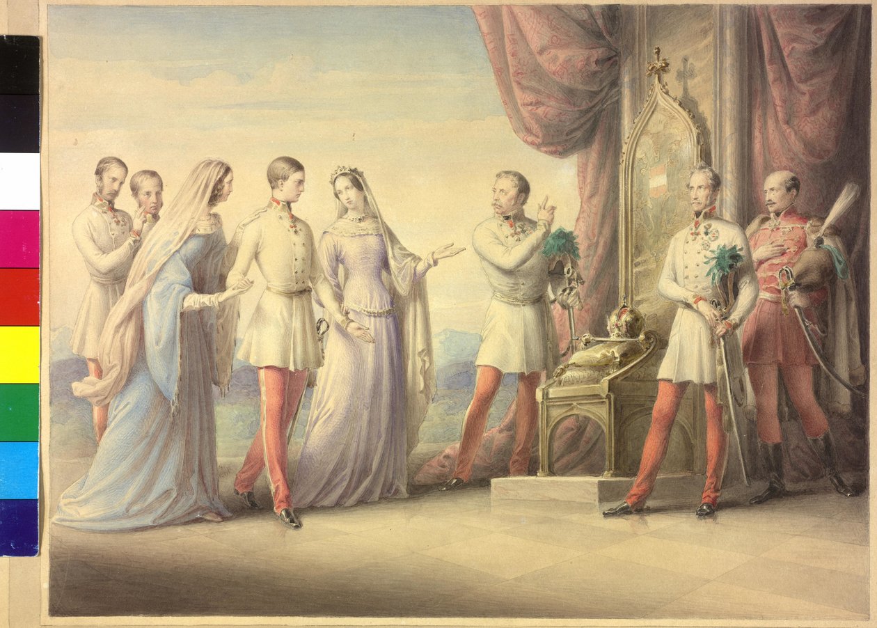 A imperatriz Maria Anna e a arquiduquesa Sophie com o imperador Francisco José I de Leopold Kupelwieser