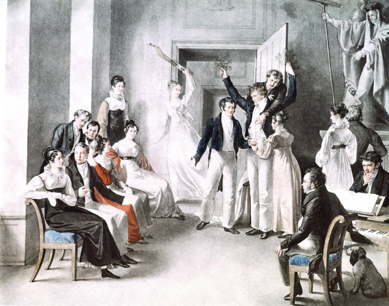 Encontro musical de Schubertians. Schubert está sentado na cadeira à direita. A aguarela de Kupelniesen de Leopold Kupelwieser