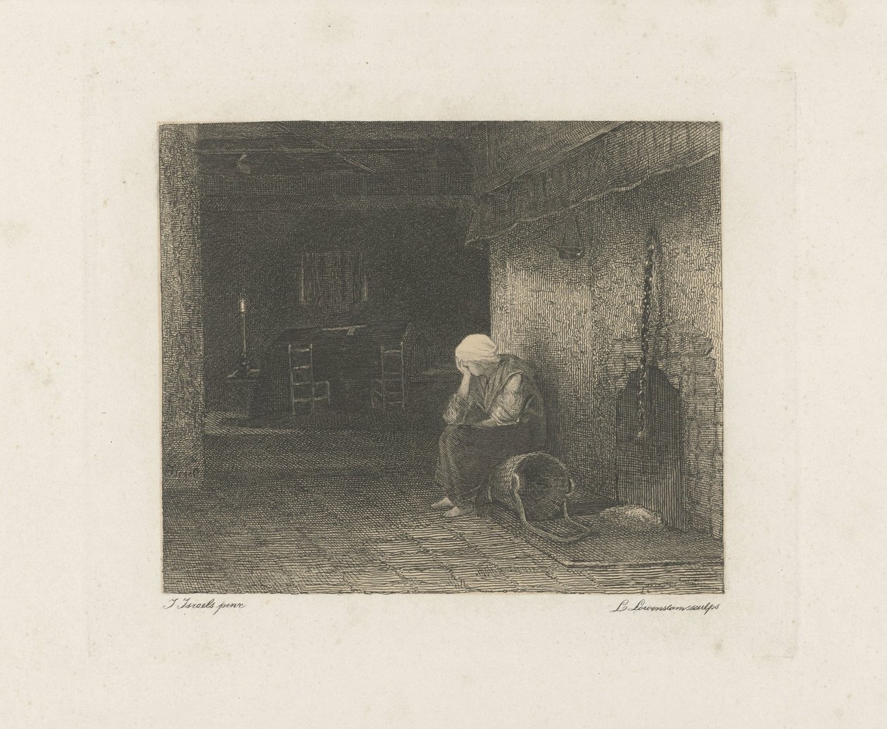Interior com mulher junto à lareira de Leopold Lowenstam