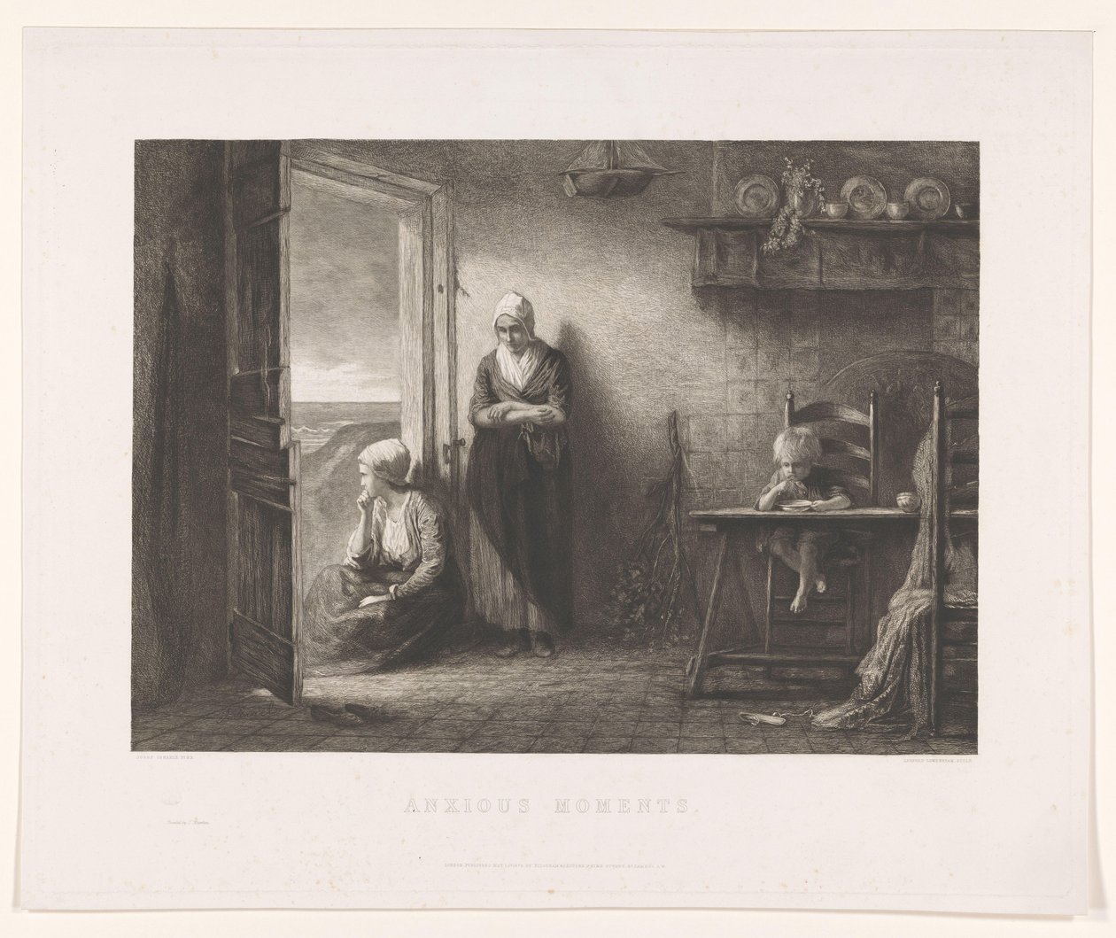 Duas mulheres e uma criança na casa de um pescador nas dunas Depois da tempestade Momentos Ansiosos (título no objeto) de Leopold Lowenstam