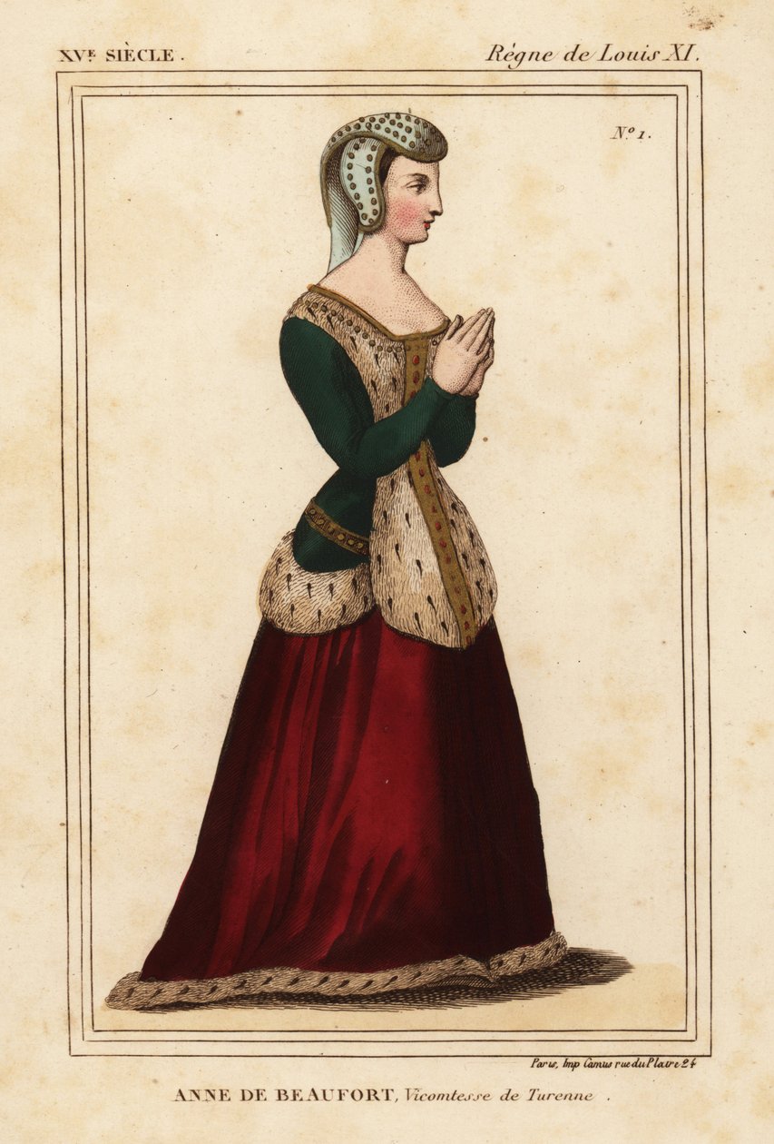 Anne Rogier de Beaufort, Vice-Condessa de Turenne 1435-1479. Litografia colorida à mão a partir de uma janela de vidro inoxidável na igreja de Cordelieres de Nantes no portefólio VI 11 de Roger de Gaignieres de Le Bibliophile Jacob aka Paul Lacroix