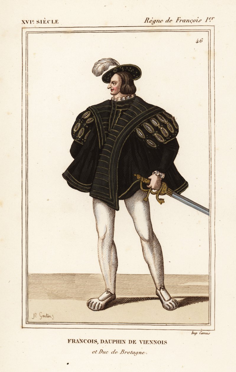 Francisco III, duque da Bretanha 1518-1536. François, golfinho vienense e duque da Bretanha. Litografia colorida à mão por J.B. Gautier a partir de um retrato do portefólio VIII 14 de Roger de Gaignieres de Le Bibliophile Jacob aka Paul Lacroix