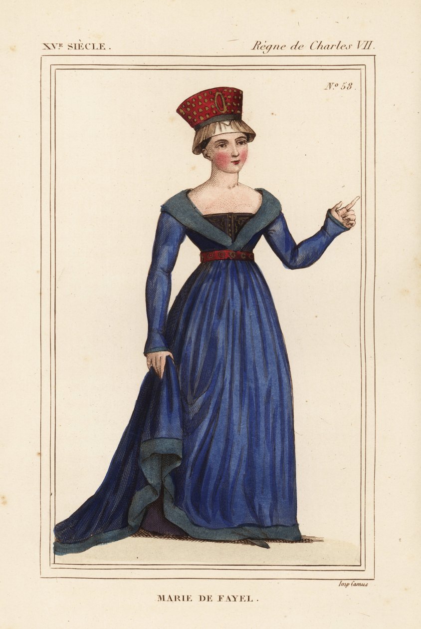 Marie de Fayel, condessa de Dammartin, esposa de Renaud de Nanteuil, senhor de Acy, e irmã de Jean de Fayel. Litografia colorida à mão a partir de uma miniatura do manuscrito Histoire du Comte Gerard de Nevers, da pasta VI 123 de Roger de Gaignieres, de Le de Leopold Massard