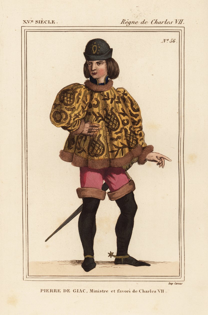 Pierre de Giac, camareiro do rei Carlos VII de 1377 a 1426. Executado por afogamento em Dun-Le-Roi. Veste uma batina curta com mangas mahoitres, calças cor-de-rosa e botas com esporas. Litografia colorida à mão a partir de uma miniatura de um manuscrito Hi de Leopold Massard