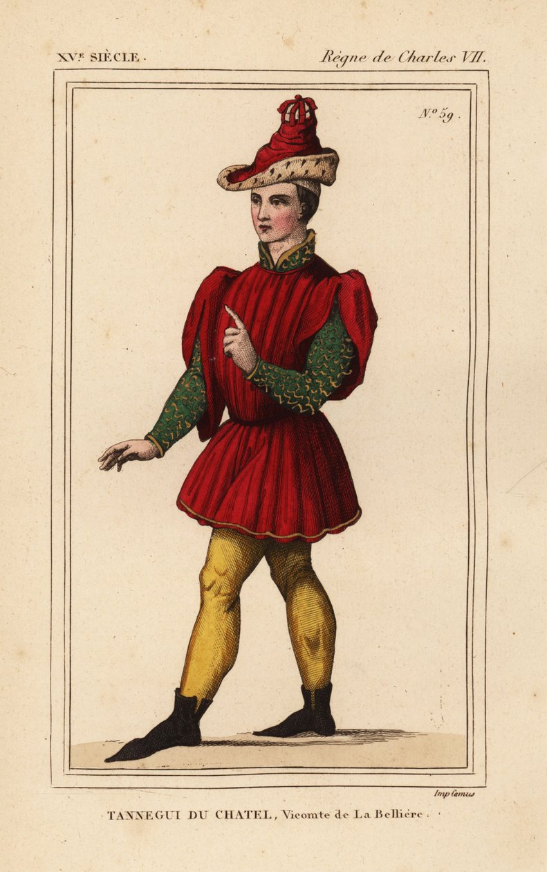 Tanneguy IV du Chatel, Visconde de la Belliere, Grão-Mestre do Hotel de Francisco II, Duque da Bretanha, d. 1477. Litografia colorida à mão a partir de uma figura de tapeçaria representando Ester e Mardoqueu no portefólio VI 132 de Roger de Gaignieres do L de Leopold Massard