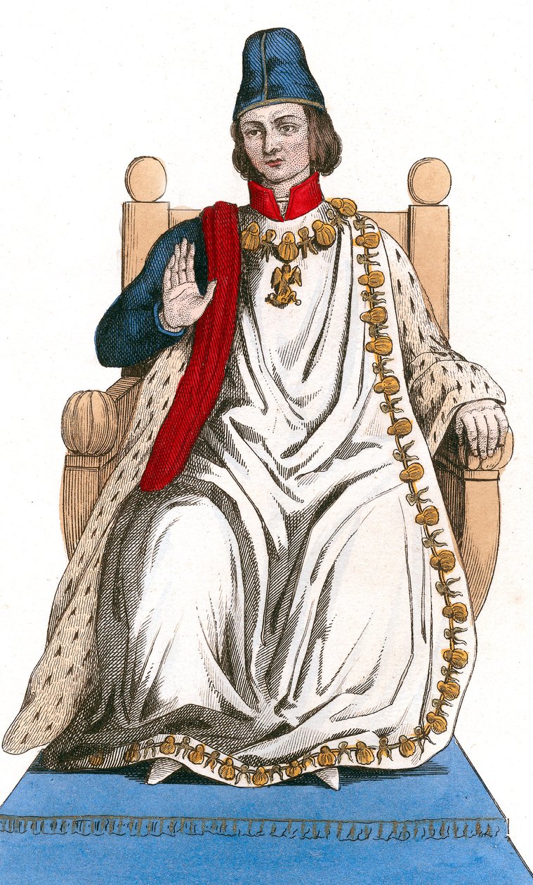 O rei francês Luís XI envergando o fato da ordem de São Miguel de Leopold Massard