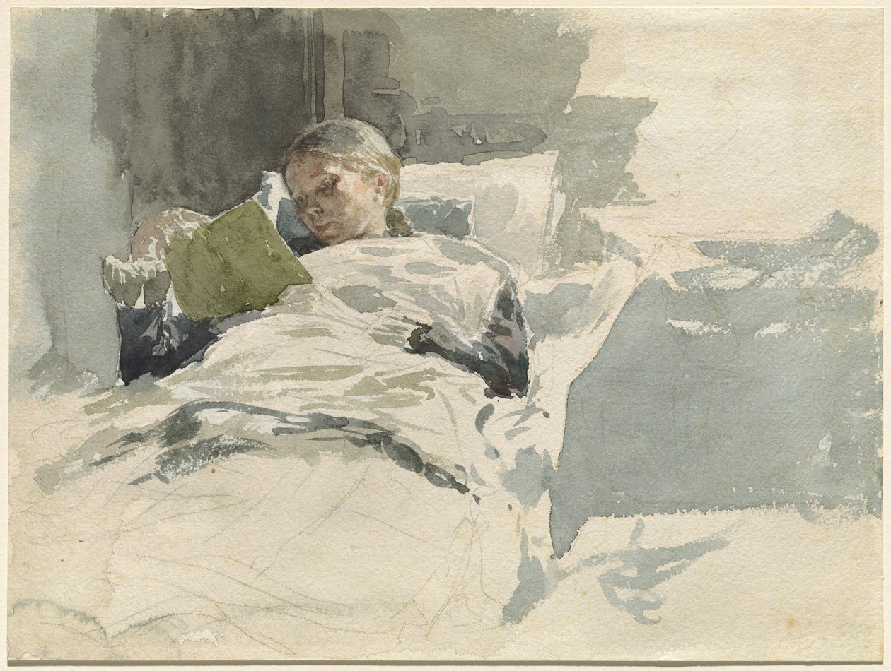 A esposa do artista lendo na cama de Leopold von Kalckreuth