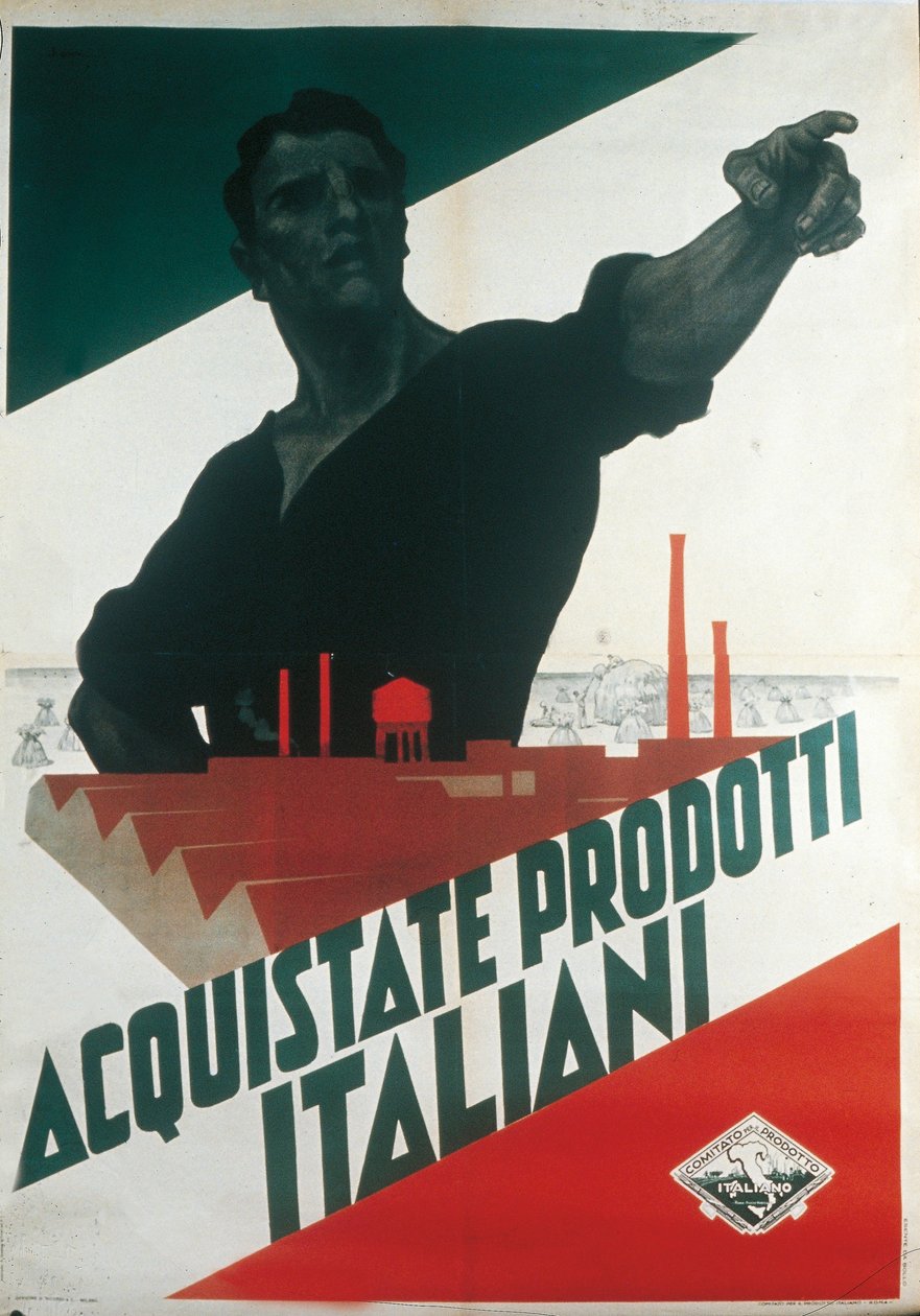 Comprar produtos italianos, cartazes de propaganda fascista durante a autarquia de Leopoldo Metlicovitz