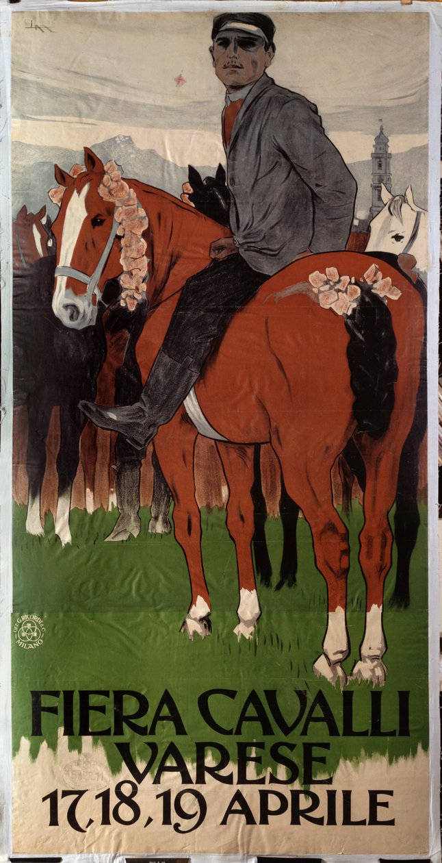 Cartaz publicitário para o mercado de cavalos em Varese, Itália de Leopoldo Metlicovitz