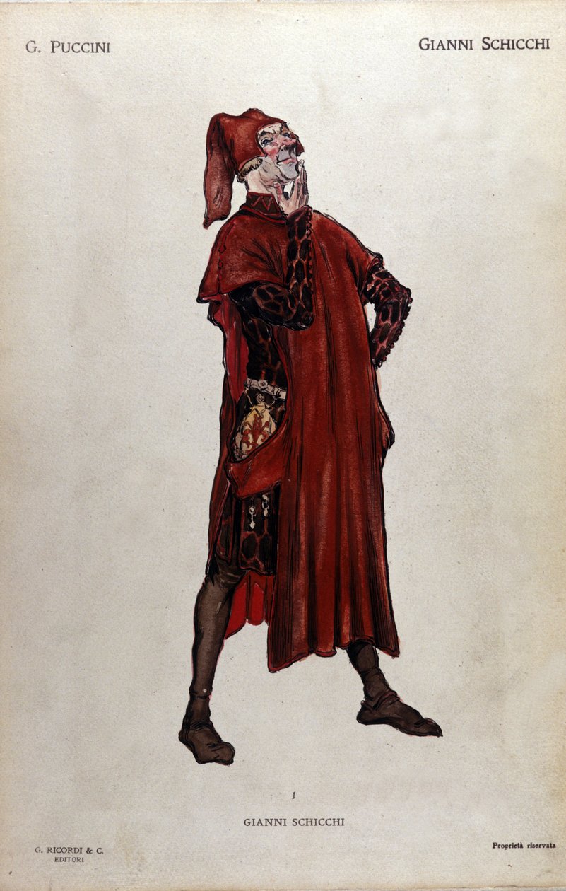 Traje para o personagem de Gianni Schicchi da ópera "Il trittico" (O tríptico) de Giacomo Puccini (1858-1924) - 1919 de Leopoldo Metlicovitz