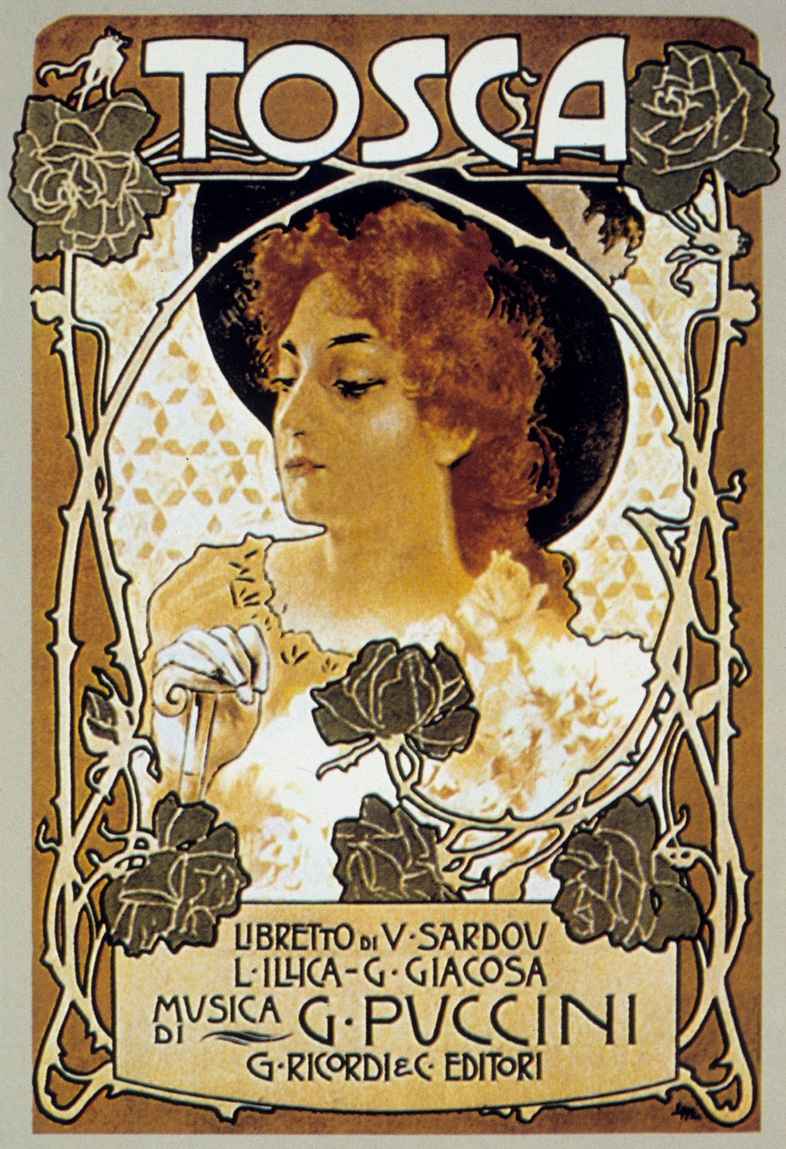 Capa de Leopoldo Metlicovitz da partitura da ópera Tosca de Giacomo Puccini de Leopoldo Metlicovitz
