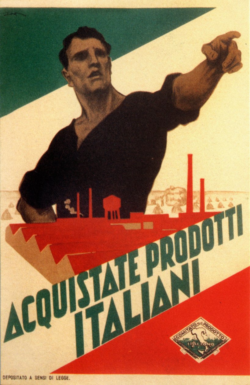 Fascismo: cartaz de propaganda para a autarquia na Itália "Compre produtos italianos". de Leopoldo Metlicovitz