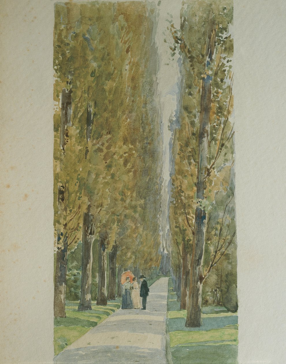 Giuseppe Verdi conversando com amigos ao longo da avenida arborizada da sua vila em Sant
