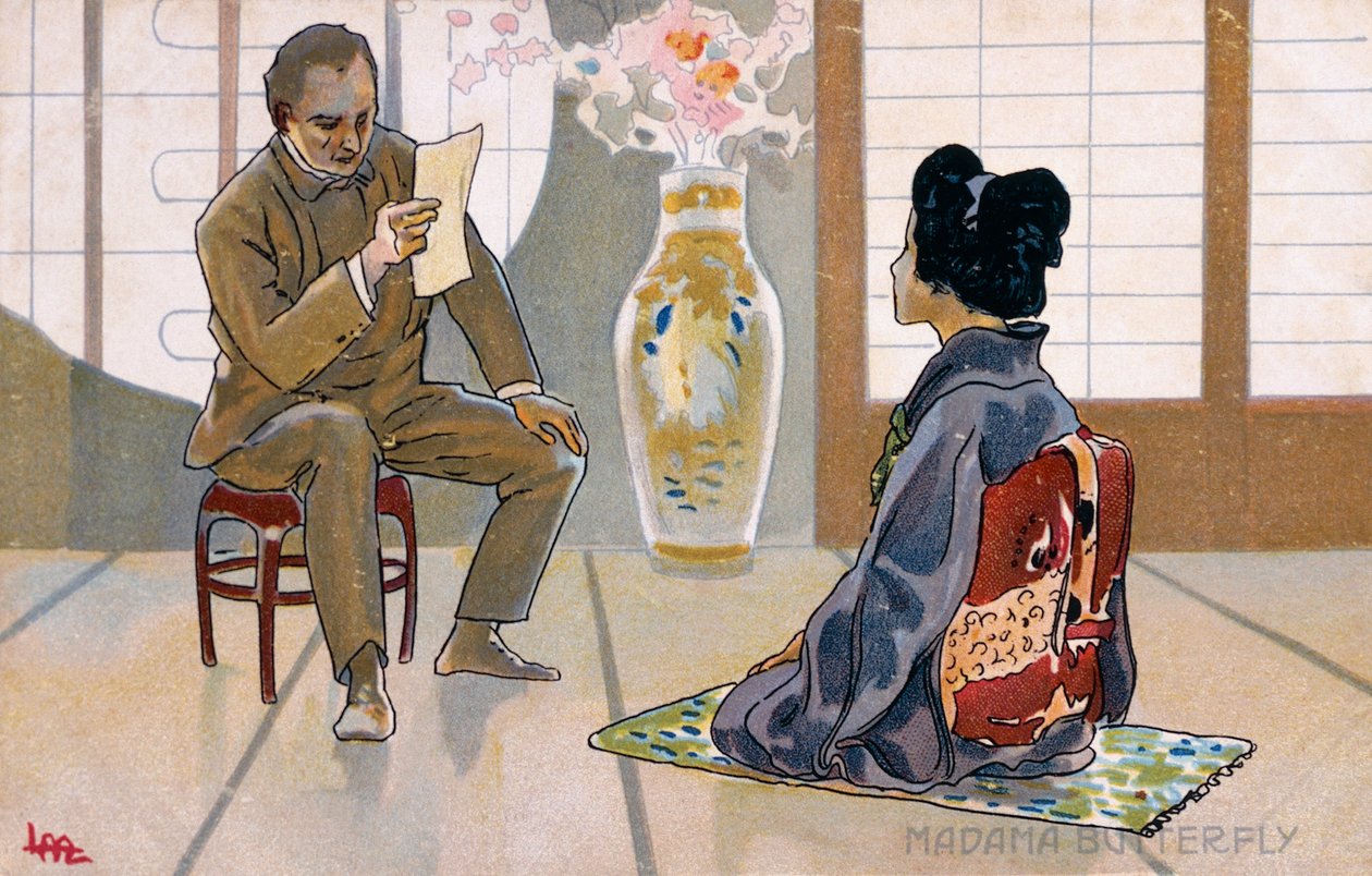 Cartão postal criado para a estreia de "Madame Butterfly", em Brescia de Leopoldo Metlicovitz