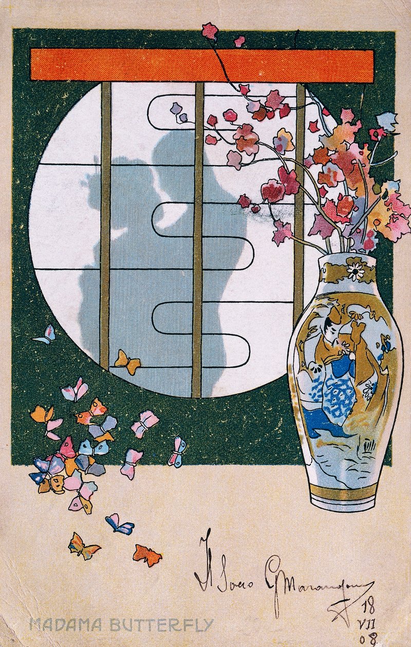 Cartão postal criado para a estreia de "Madame Butterfly", em Brescia de Leopoldo Metlicovitz