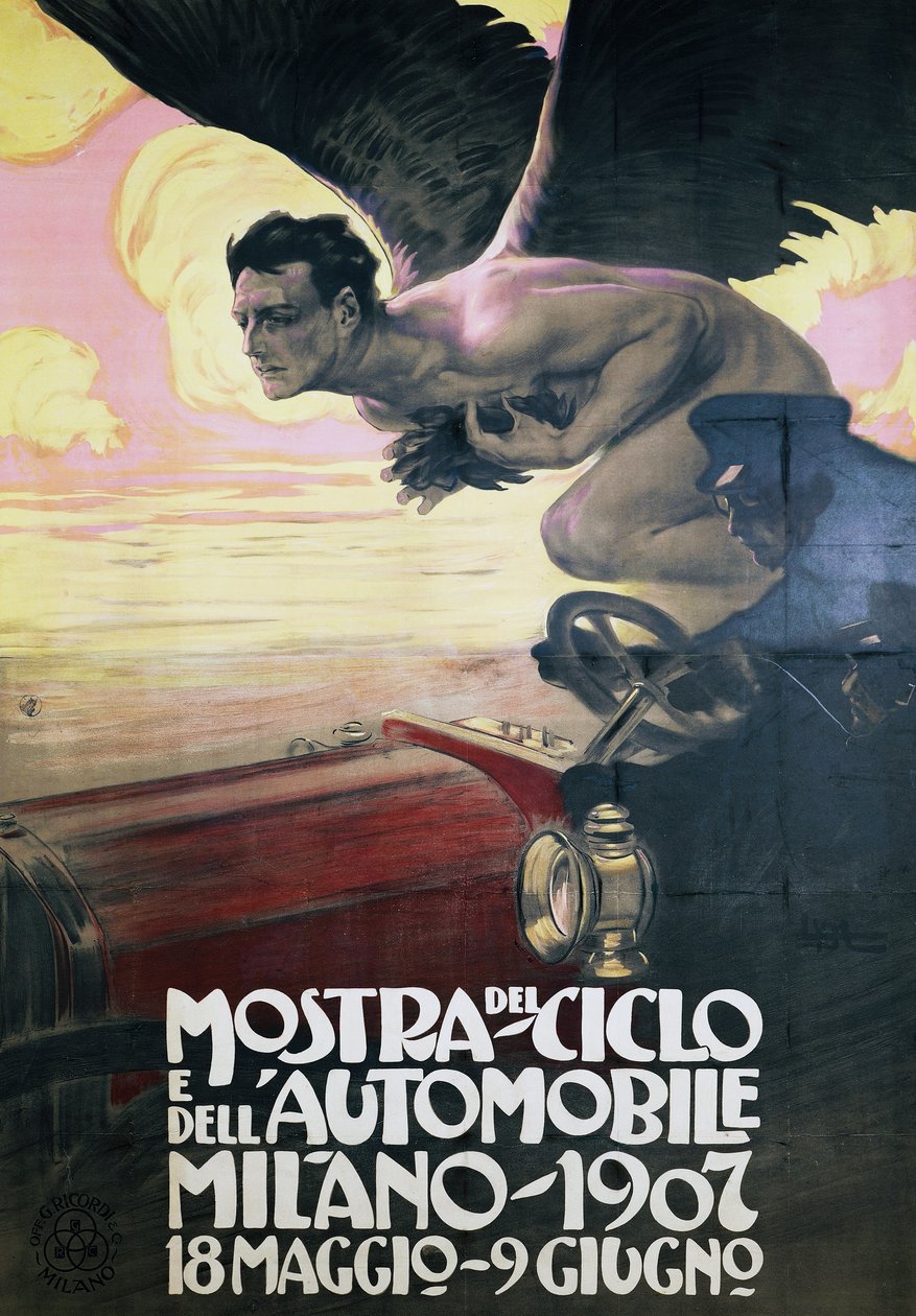 Cartaz para o Salão do Automóvel e da Bicicleta, Milão 18 de Maio-9 de Junho de Leopoldo Metlicovitz