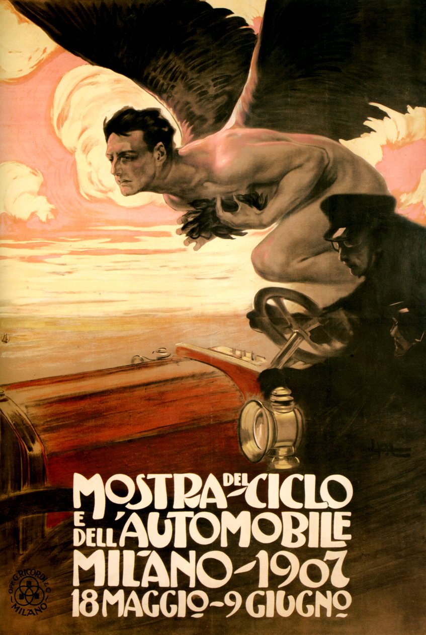 Cartaz para o Salão de Automóveis e Bicicletas, Milão 18 de Maio-9 de Junho de Leopoldo Metlicovitz