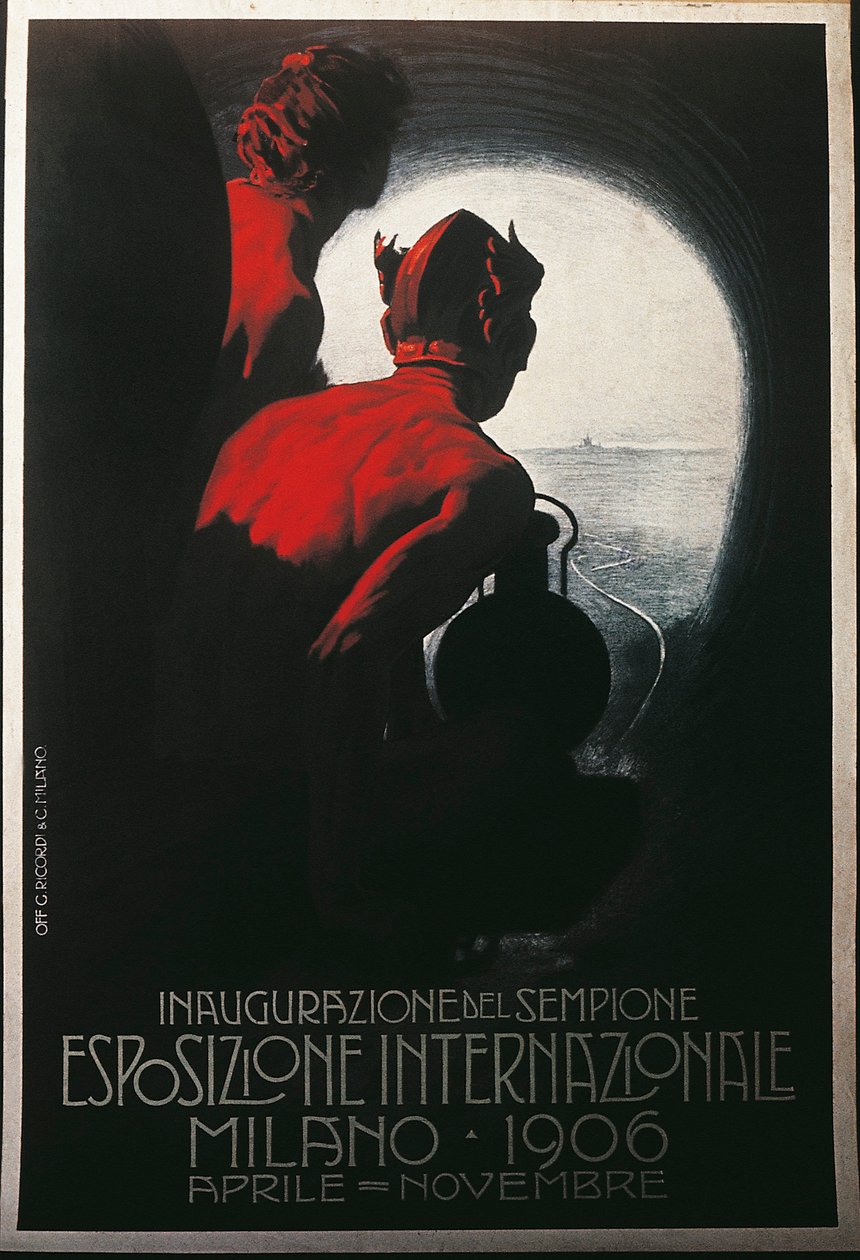 Cartaz para o Túnel Transalpino Simplon na Exposição Internacional de Milão, Abril-Novembro de 1906 de Leopoldo Metlicovitz