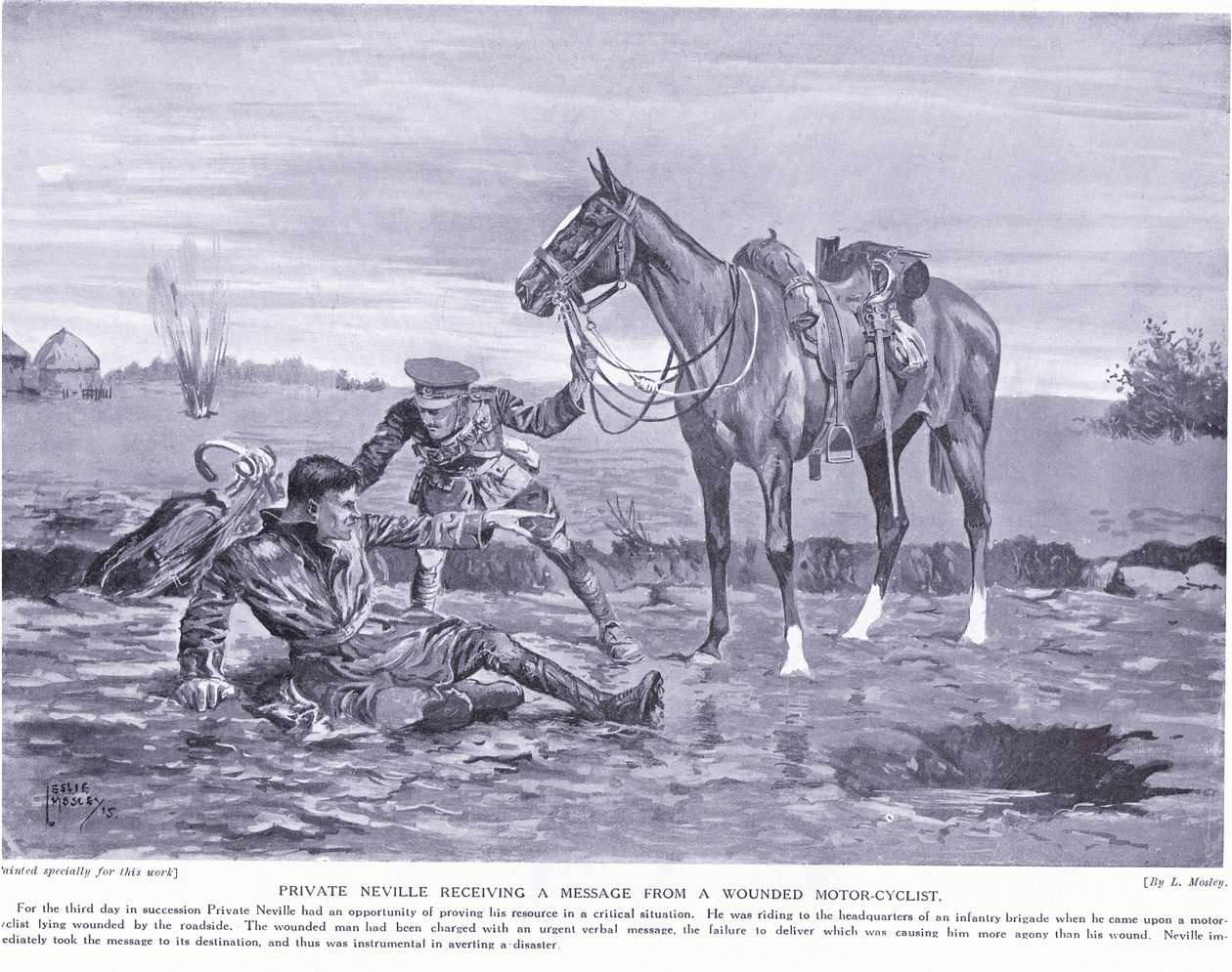 Neville privado recebendo uma mensagem de um ciclista motor ferido Ypres outubro 1914 de Leslie Mosley