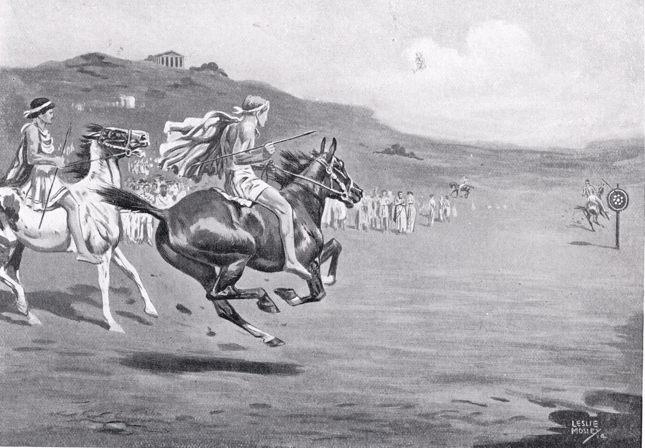 Cavaleiros gregos jogando o dardo, ilustração de &39;História das Nações de Hutchinson&39;, 1915 de Leslie Mosley