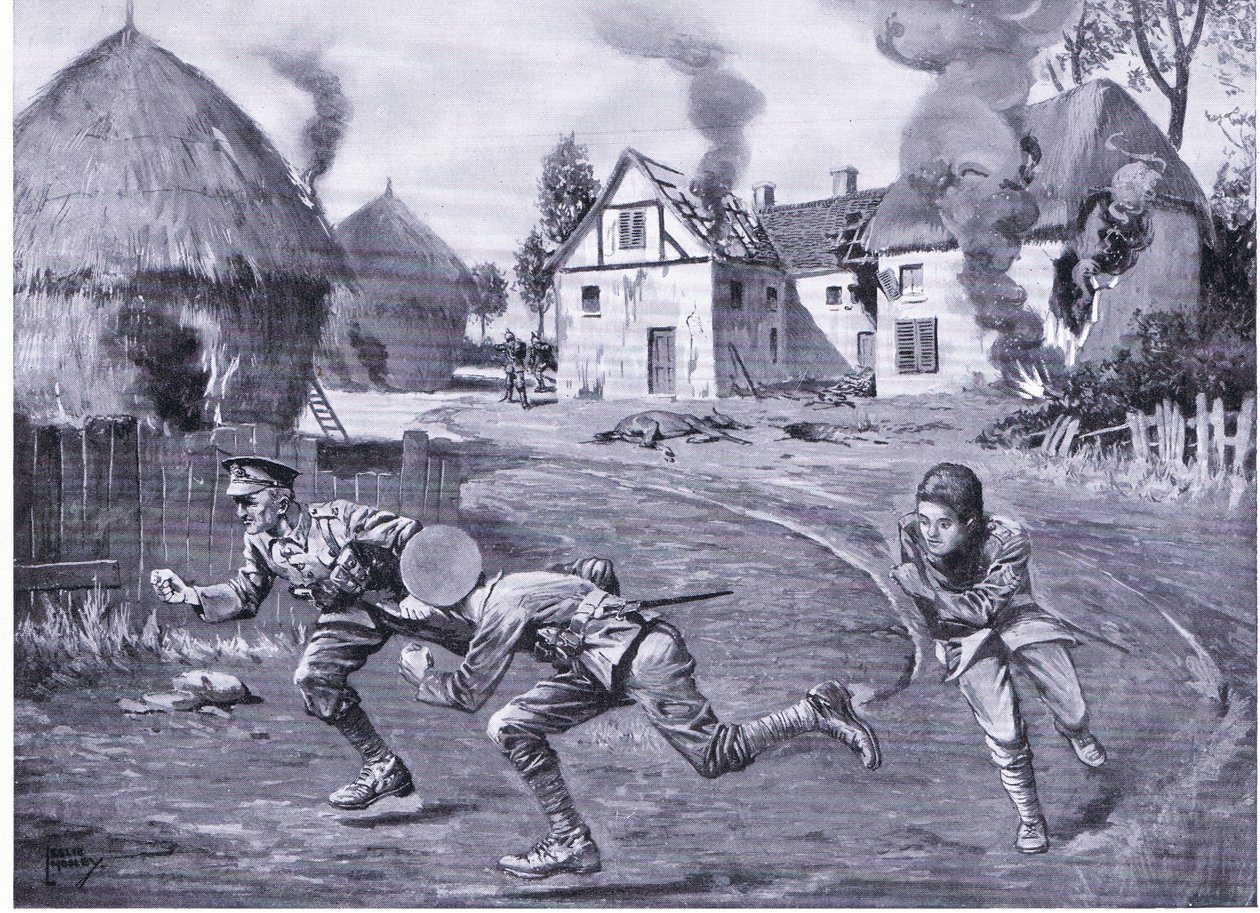O Sargento Cooper e dois camaradas atirando sob fogo inimigo depois de incendiarem uma quinta e vários ricks (DCM) (litho) de Leslie Mosley