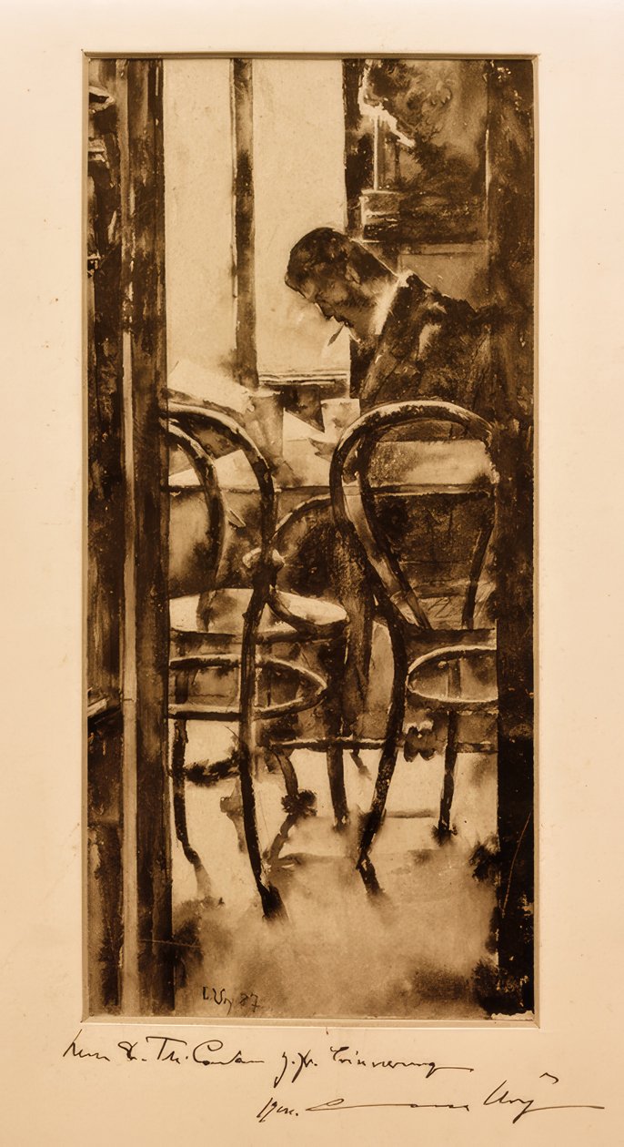 Café Gelber em Hamburgo (homem que lê jornais no café) de Lesser Ury