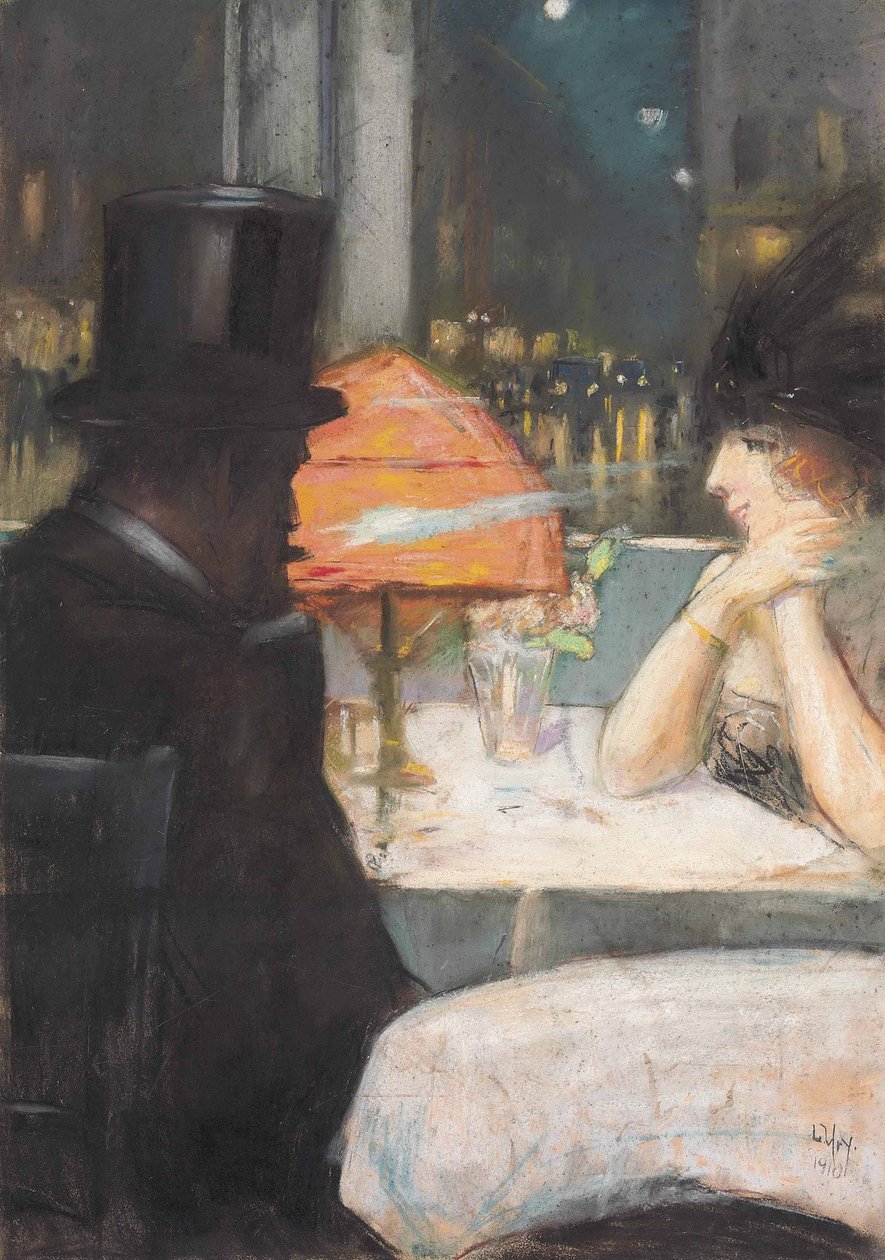 Senhora e cavalheiro no restaurante de Lesser Ury