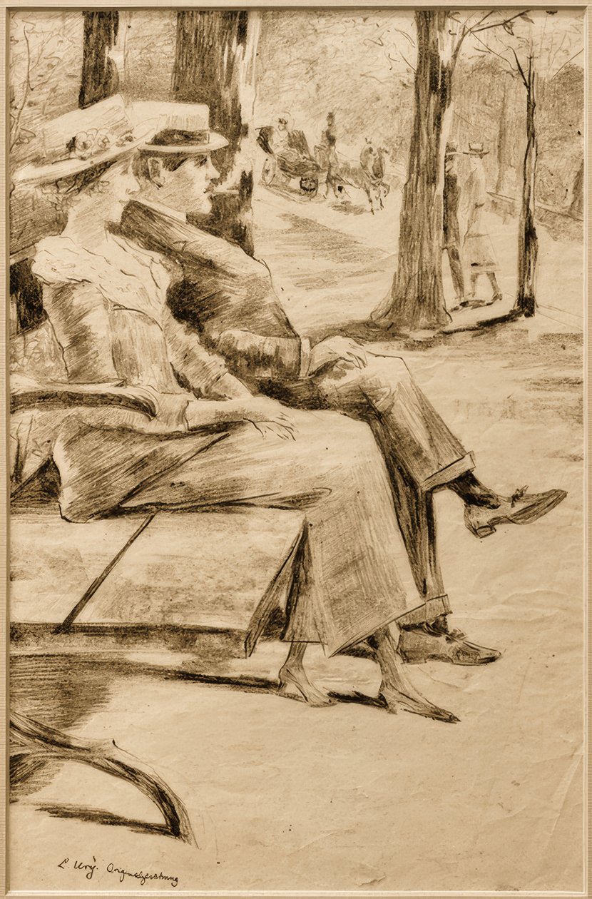 Senhora e cavalheiro de fumar em um banco no Tiergarten de Lesser Ury