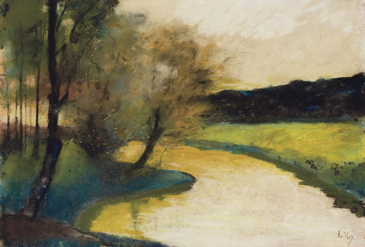 Paisagem de riacho outonal na luz da noite de Lesser Ury