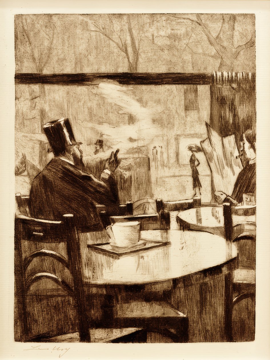 Cavalheiro com cilindro na frente de uma janela de café - na vista traseira de Lesser Ury