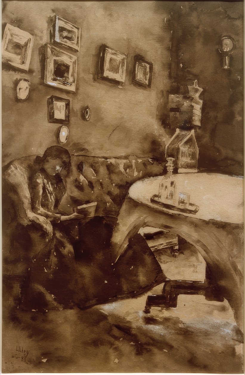 Interior com senhora da leitura de Lesser Ury