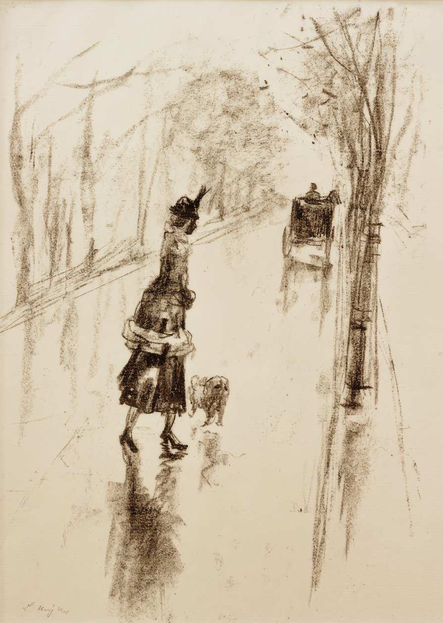 Menina com cachorro de Lesser Ury