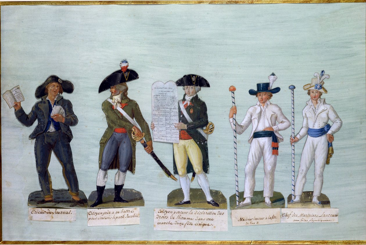 Um vendedor de jornais, um cidadão pronto para lutar, um cidadão que leva a declaração dos direitos do homem e dois bargemen (guache no cartão) de Lesueur Brothers