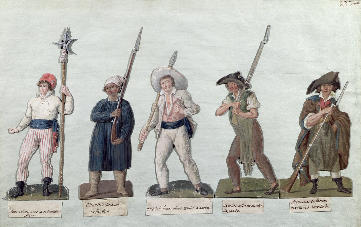 Um Sans Culotte com seu Pike, um Carter, um Market Porter, um sapateiro e um carpinteiro (guache no cartão) de Lesueur Brothers