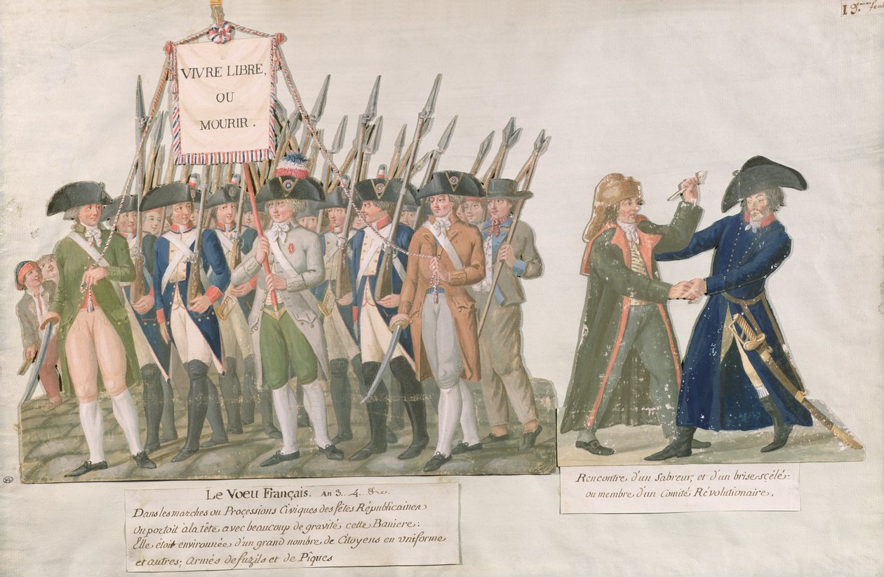O voto francês "viva a liberdade ou morra"; a Reunião de um espadachim e um membro do Comitê Revolucionário, c.1789-92 (guache no cartão) de Lesueur Brothers
